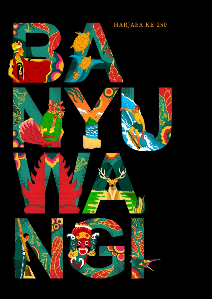 Ilustrasi kartun "Banyuwangi" dengan desain warna-warni dan detail menarik, cocok untuk proyek desain Anda.