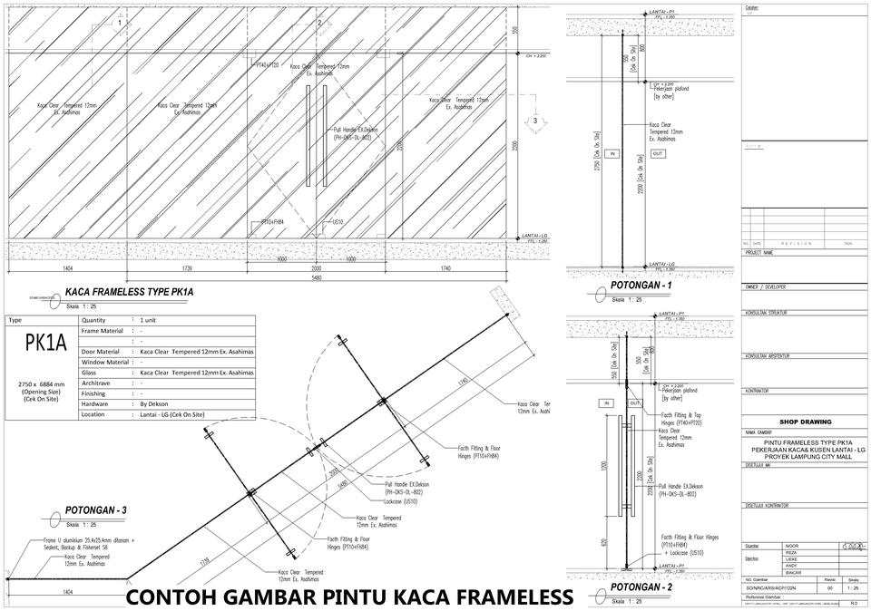 CAD Drawing - Gambar Kerja 2D Kusen Aluminium dan Kaca, Kaca Frameless & Pintu Automatic - 2