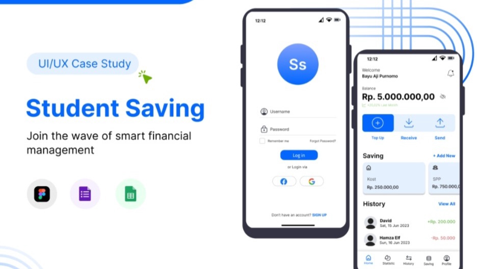 Desain UI UX aplikasi mobile untuk mengelola tabungan mahasiswa, contoh desain UI UX untuk aplikasi keuangan