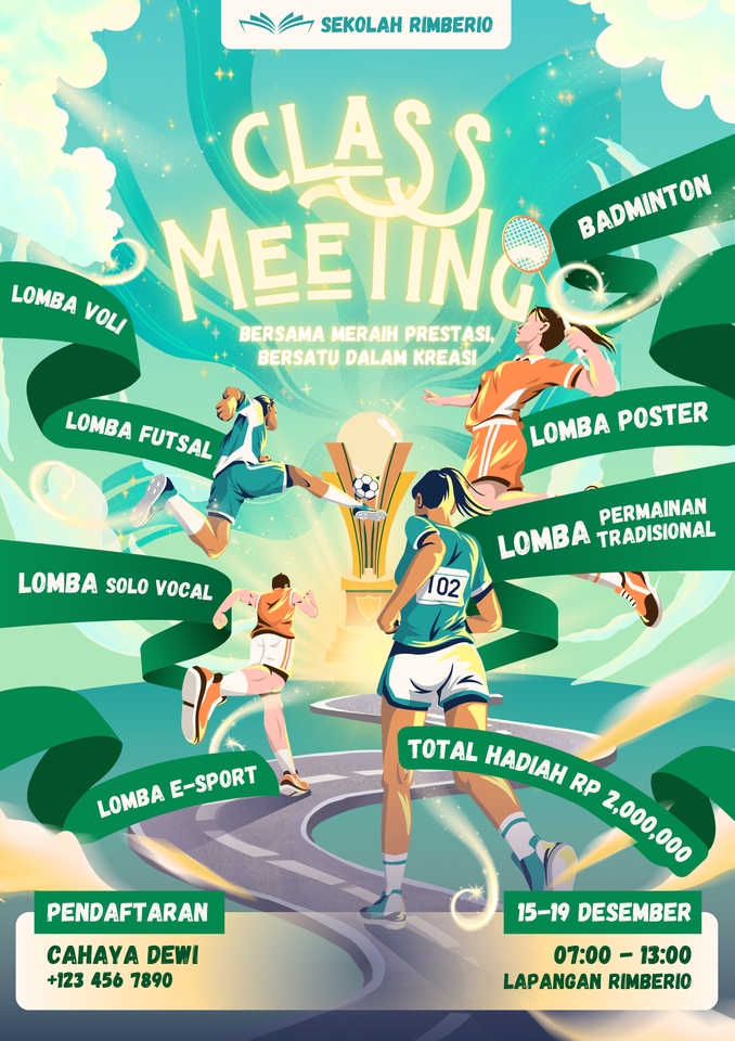 Desain infografis kelas meeting dengan beragam lomba seperti lomba voli, futsal, solo vocal, e-sport, badminton, lomba poster, dan permainan tradisional. Desain ini cocok untuk desain infografis acara sekolah.