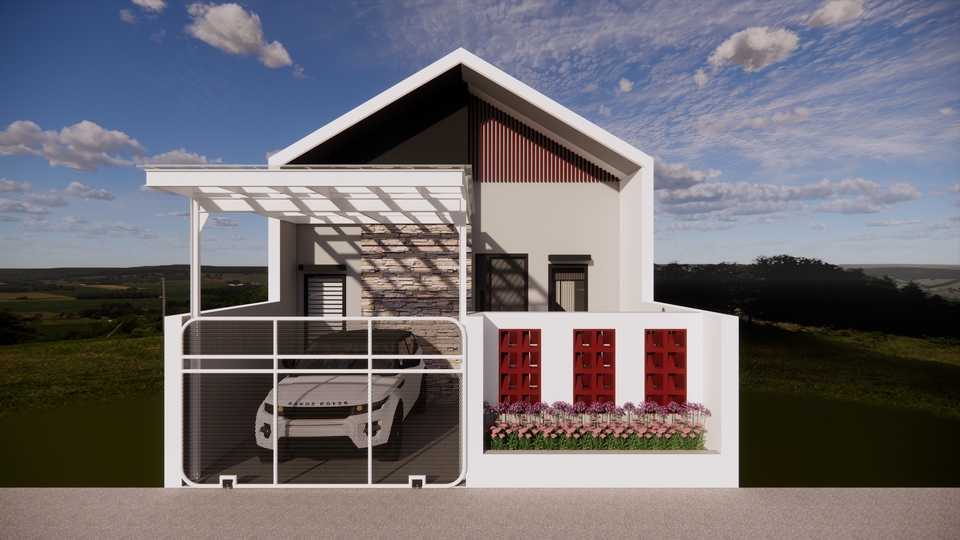 Desain eksterior rumah minimalis modern dengan carport dan taman, jasa desain rumah 3d, desain rumah minimalis, jasa arsitek rumah, desain rumah modern.