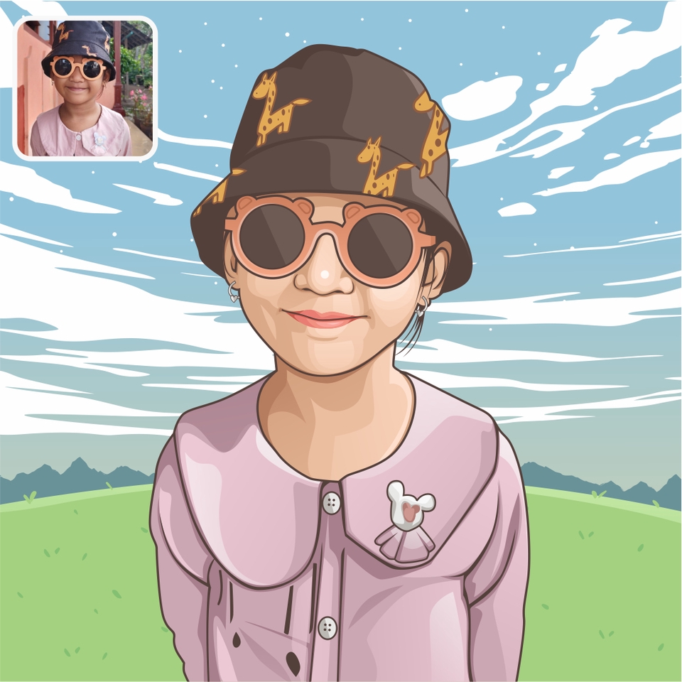 Ilustrasi gadis kecil memakai topi bergambar jerapah dengan kacamata hitam dan baju warna pink, jasa ilustrasi, desain ilustrasi, gambar ilustrasi, gambar kartun
