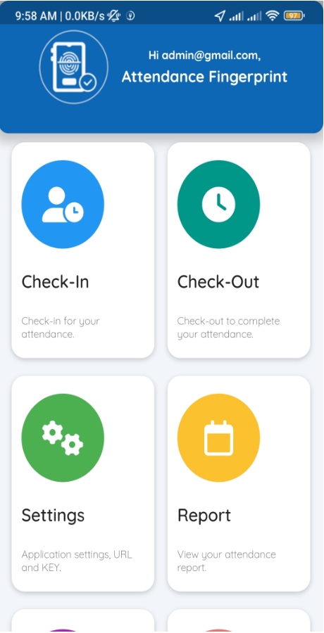 Jasa Pembuatan Aplikasi Android:  Aplikasi Kehadiran Sidik Jari dengan fitur Check-In, Check-Out, Settings dan Report.