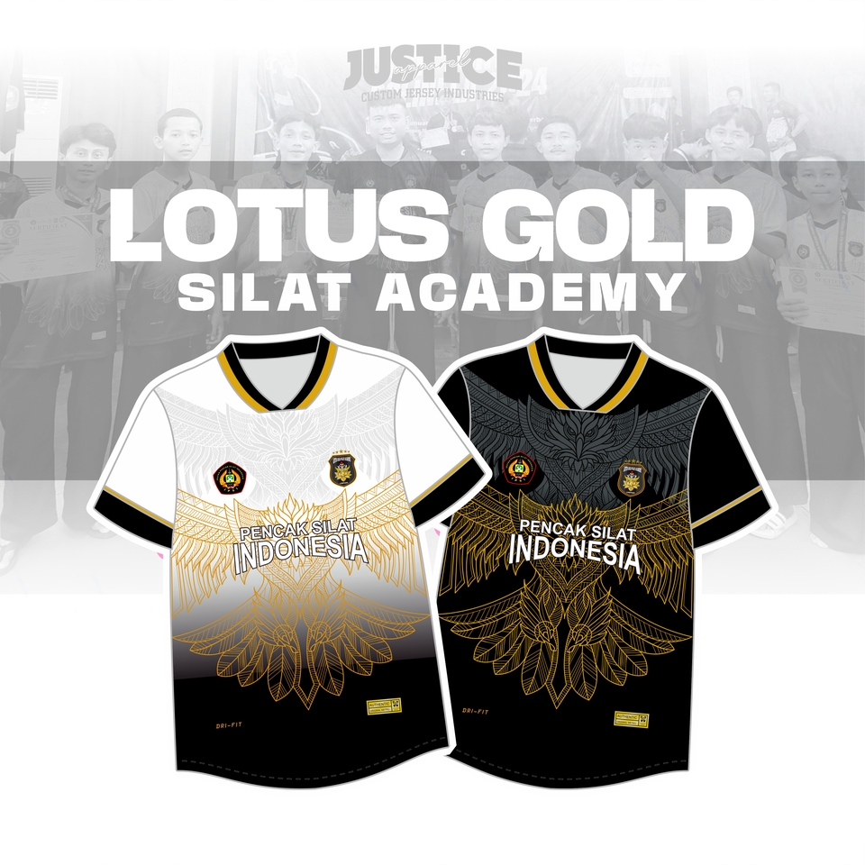 Desain kaos silat dengan motif Garuda dan tulisan "Pencak Silat Indonesia" untuk academy "Lotus Gold".