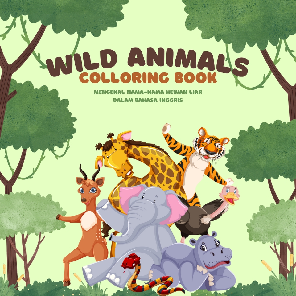 Jasa ilustrasi hewan kartun untuk buku mewarnai anak - gambar ilustrasi hewan liar seperti jerapah, kelinci, gajah, burung, dan lainnya.