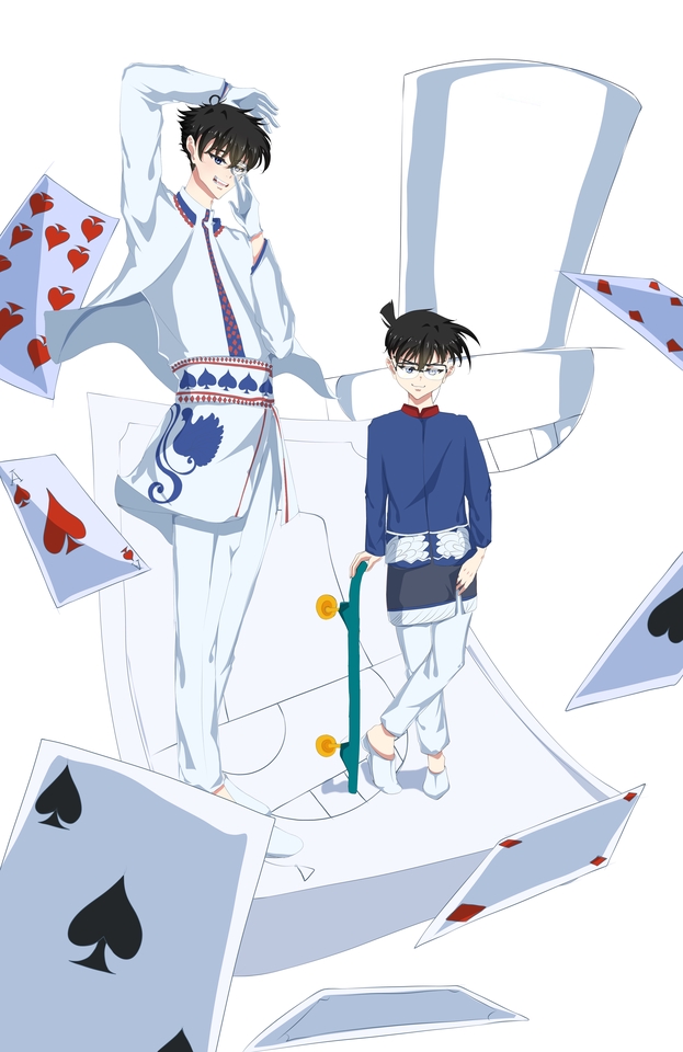 Jasa ilustrasi dua karakter anime dengan kartu, topi, dan skateboard