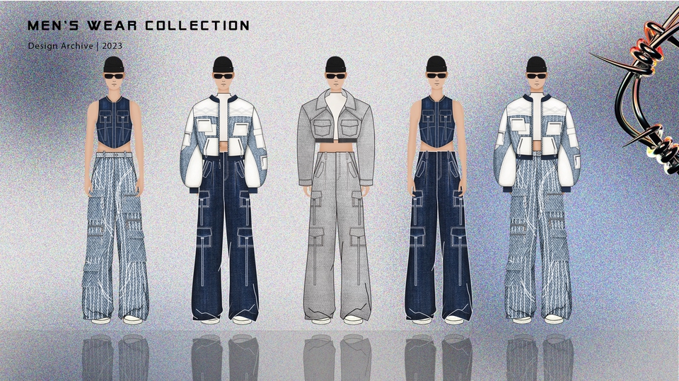 Ilustrasi desain busana pria koleksi 2023 dengan tema kasual dan modis. Desain ilustrasi fashion pria, gambar ilustrasi pakaian pria.