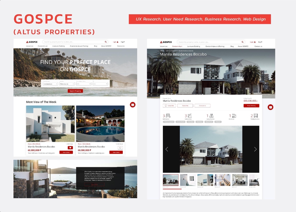 ออกแบบเว็บไซต์อสังหาริมทรัพย์สำหรับ GOSPCE โดย ALTUS PROPERTIES แสดงตัวอย่างการออกแบบ UI UX และเว็บแอปพลิเคชัน