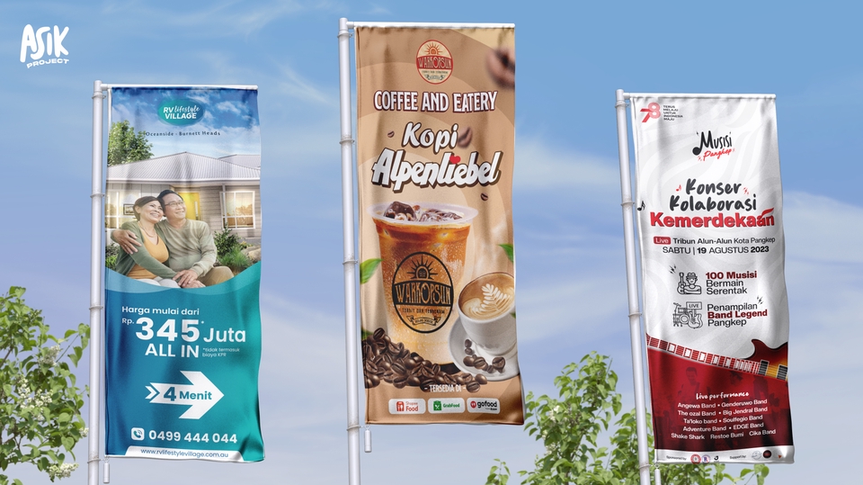 Desain spanduk kreatif untuk toko kopi, rumah makan, dan usaha lainnya.