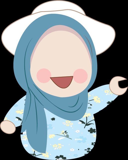 Ilustrasi kartun perempuan berhijab lucu dengan topi sedang tersenyum dan melambaikan tangan