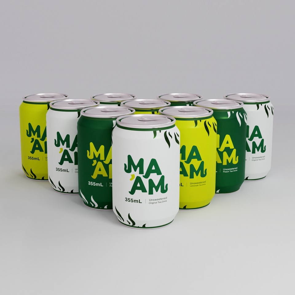 Jasa desain 3D untuk minuman kaleng dengan desain minimalis modern, branding Mamam.