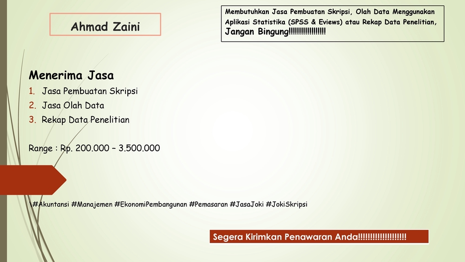 Jasa analisis data statistik menggunakan SPSS dan Eviews untuk skripsi dan penelitian. Olah data, rekap data, analisis deskriptif, konsultasi statistik.