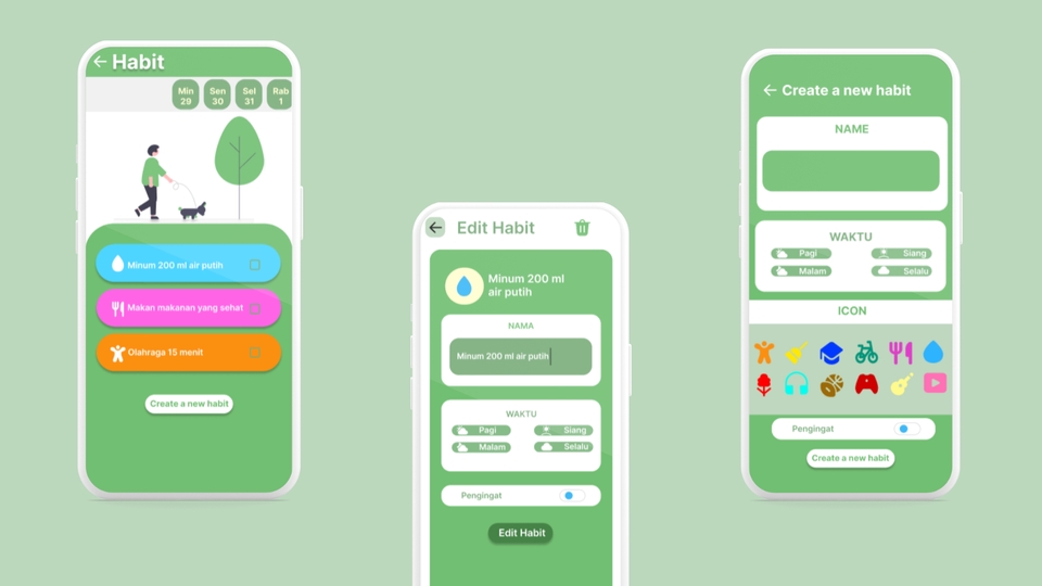 Desain UI UX untuk aplikasi mobile dengan fitur pembuatan dan pengeditan kebiasaan, cocok untuk freelancer ui ux desainer di Indonesia.