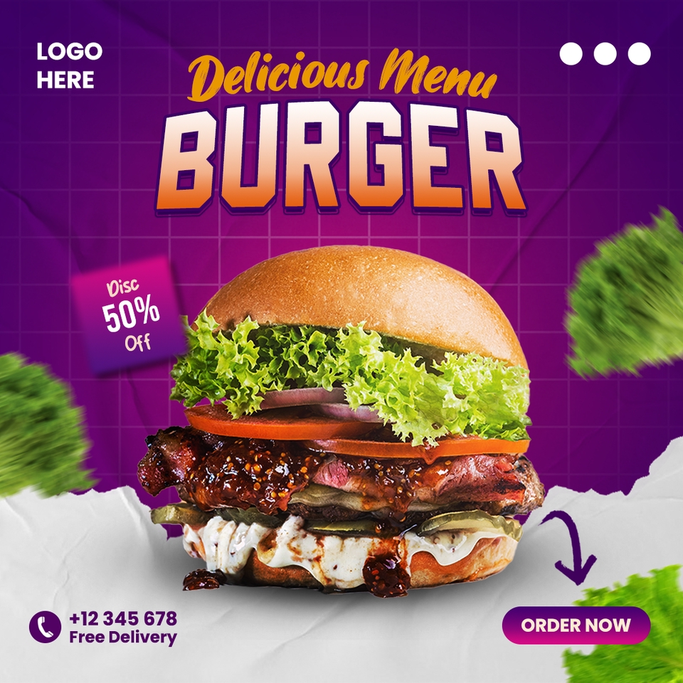 Desain banner instagram untuk promosi bisnis makanan, dengan gambar burger lezat dan tulisan diskon 50%.