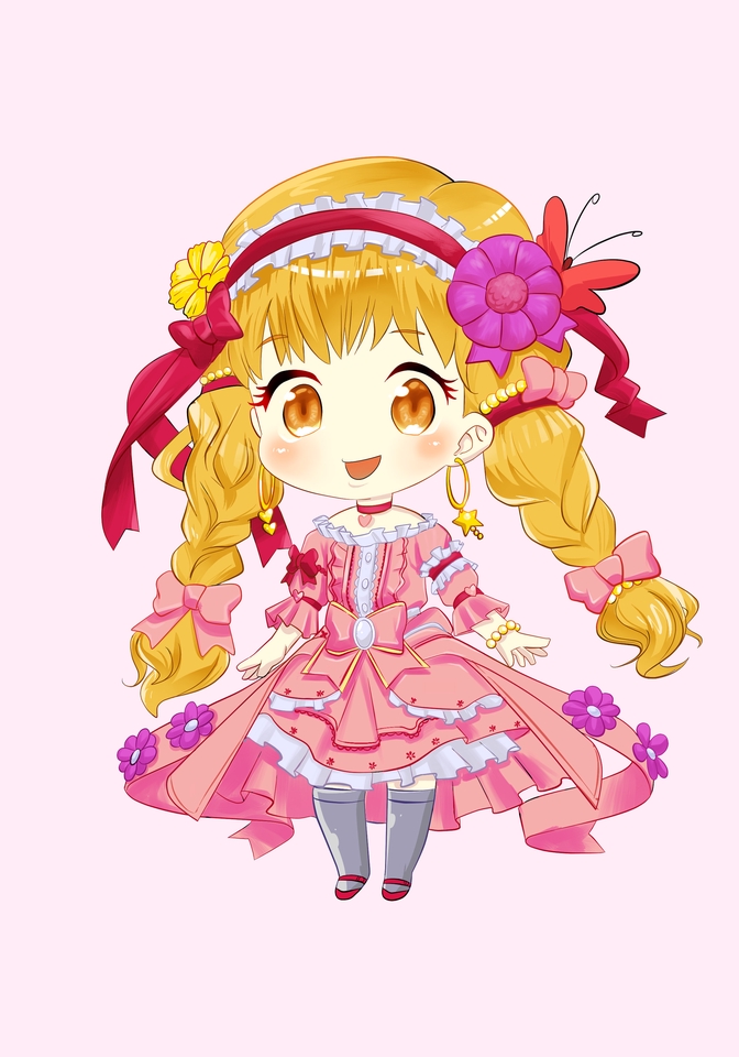 Ilustrasi digital imut gadis berambut pirang dengan gaun pink dan bunga-bunga