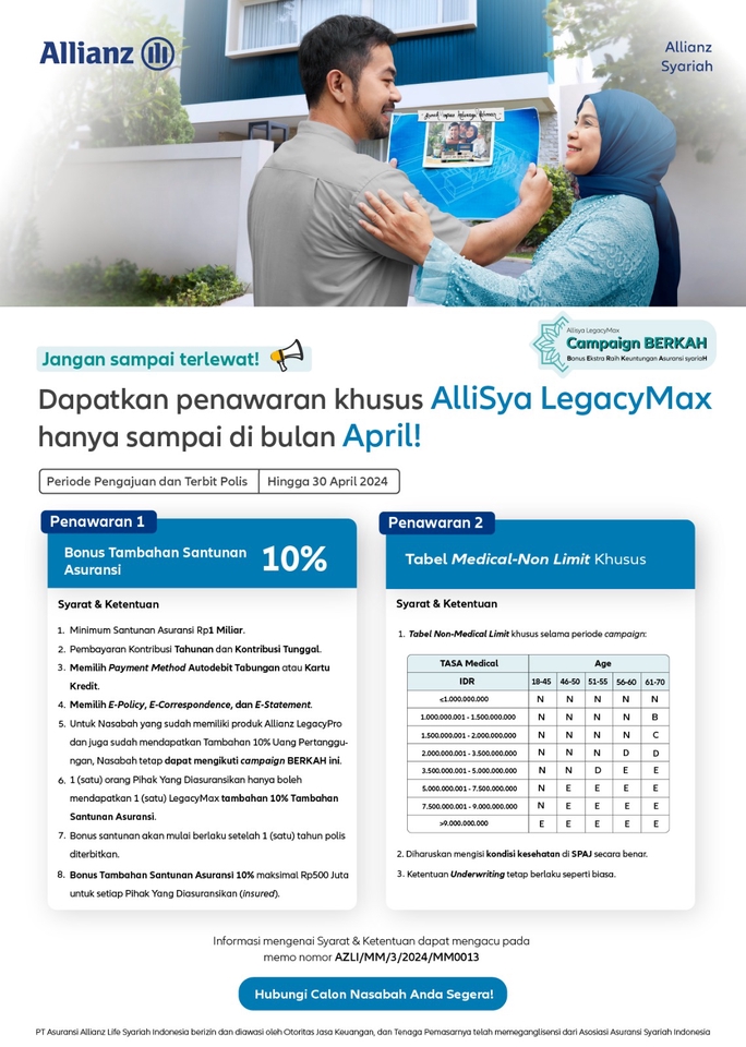 Jasa Konsultan Keuangan Allianz Syariah untuk Penawaran Spesial Bonus Tambahan Santunan Asuransi 10% dan Tabel Medical-Non Limit Khusus.