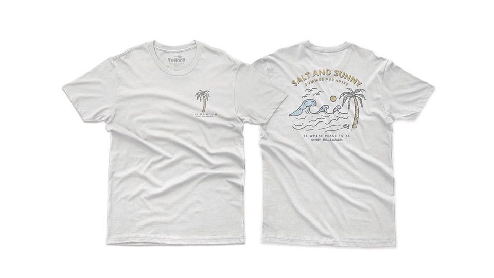 Desain kaos distro dengan motif ombak dan pohon palem, cocok untuk brand fashion kasual dan kekinian.