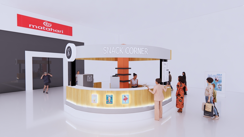 Desain 3D Interior Stand Pameran Makanan Minimalis dengan Tema Snack Corner, Jasa Desain Interior Cafe di Indonesia