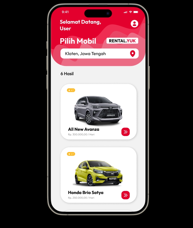 Desain aplikasi rental mobil dengan antarmuka pengguna yang ramah.  Jasa desain UI UX untuk aplikasi mobile.