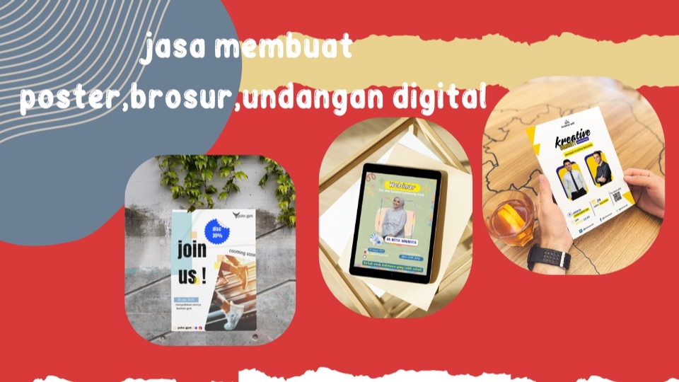 Jasa desain poster, brosur, dan undangan digital untuk bisnis dan personal.