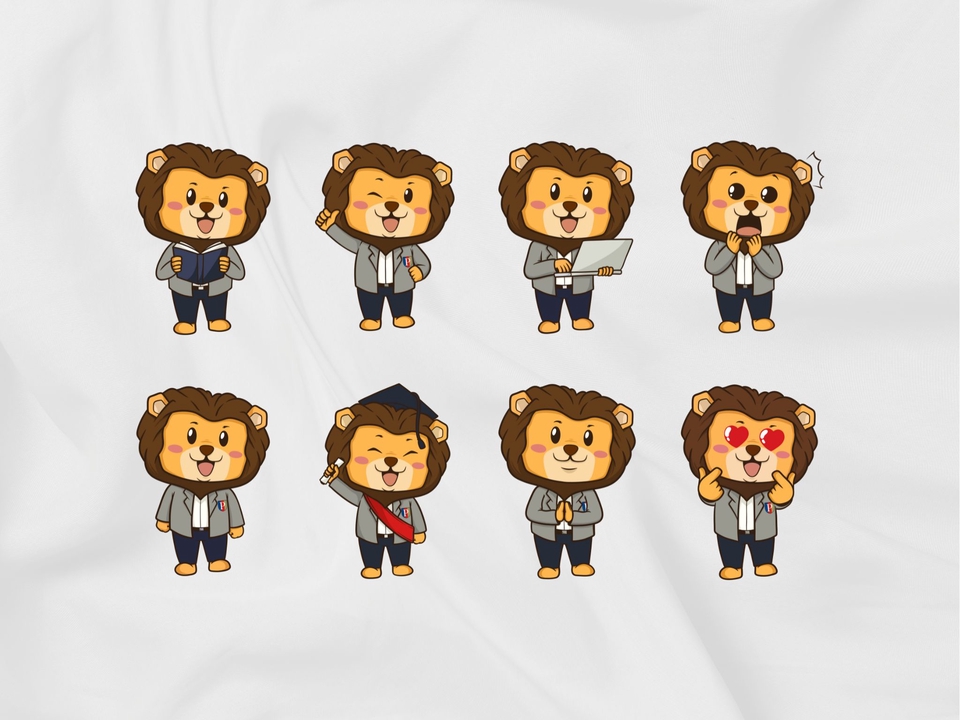 Jasa desain karakter kartun lucu hewan singa dengan berbagai ekspresi