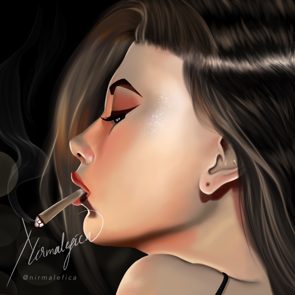 Ilustrasi digital seorang wanita dengan rambut panjang dan pakaian hitam sedang memegang rokok.