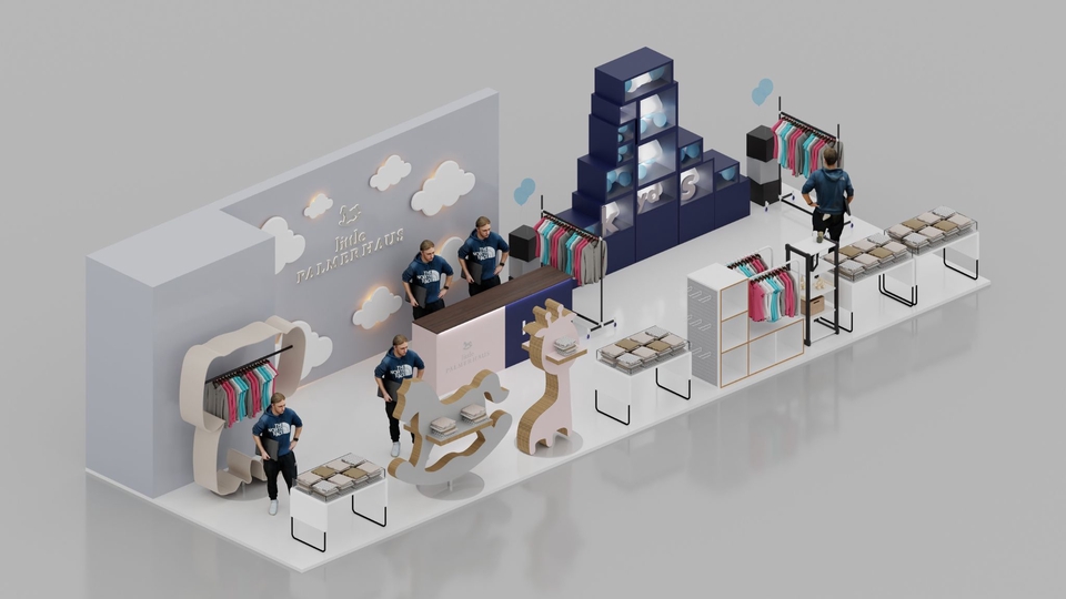 Jasa desain interior 3d untuk toko baju dan aksesoris bayi dengan desain minimalis modern.