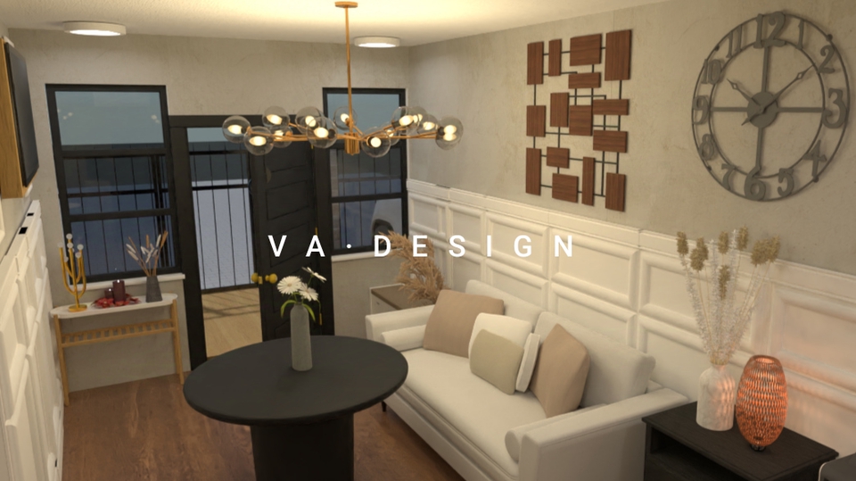 Desain ruang tamu modern dengan sofa putih dan meja kopi hitam, cocok untuk inspirasi desain interior rumah Anda.