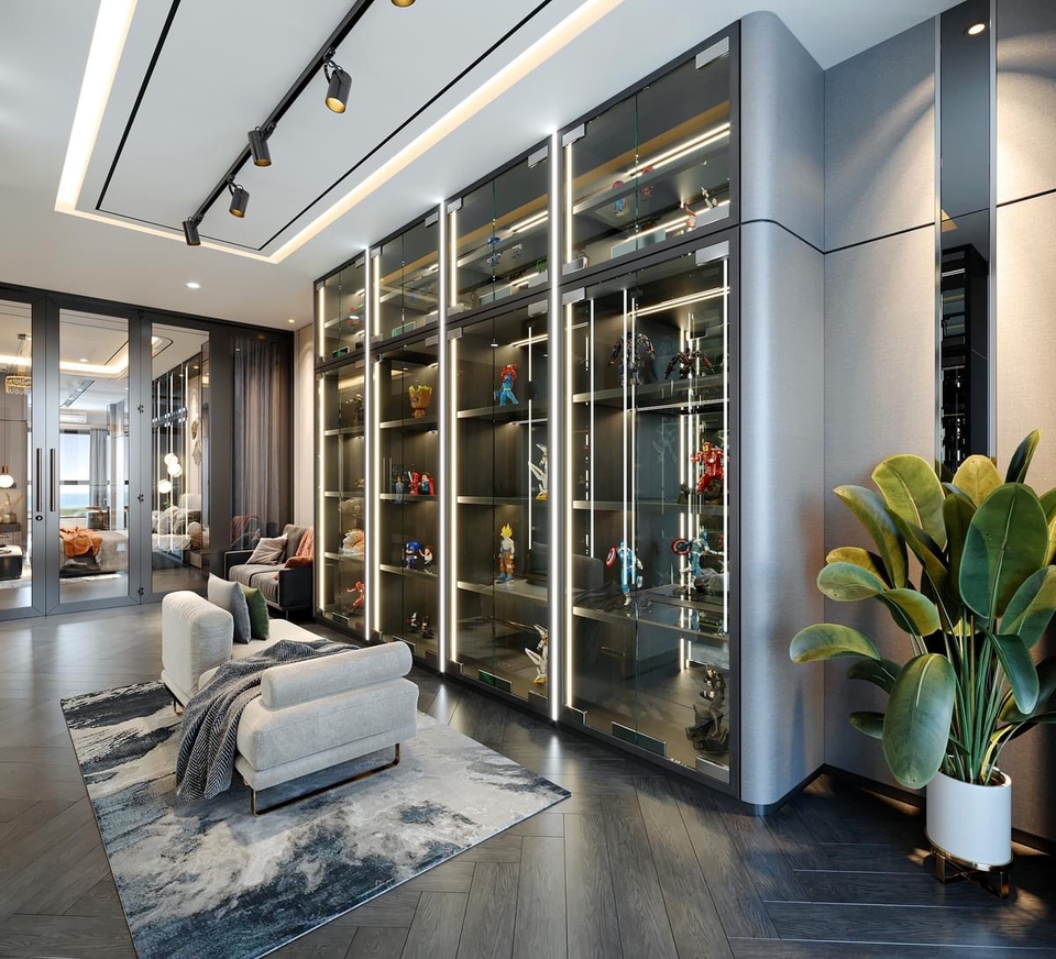 Jasa desain interior rumah minimalis modern dengan interior ruang tamu yang mewah dan rak display untuk pajangan koleksi