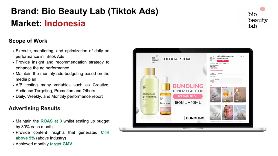 Jasa iklan TikTok untuk brand Bio Beauty Lab di Indonesia dengan strategi A/B testing untuk meningkatkan performa iklan dan ROAS.