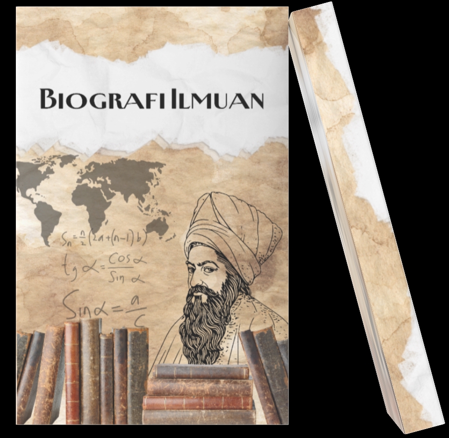 Biografi ilmuwan dengan desain vintage dan buku-buku.