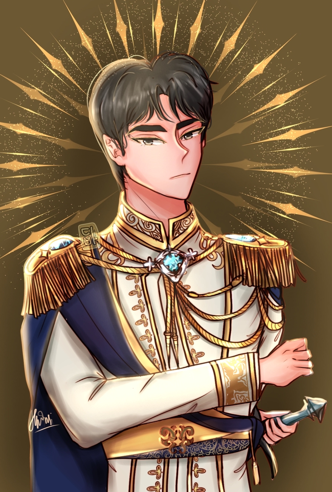 Ilustrasi pria berpakaian kerajaan dengan warna emas dan biru, desain ilustrasi karakter untuk freelance