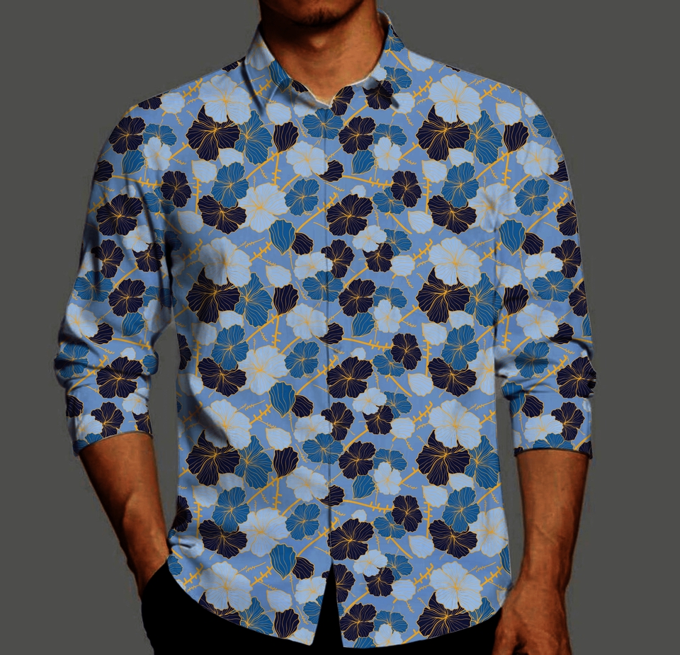 Desain kaos pria dengan motif bunga biru dan putih, desain kaos custom, desain kaos distro, jasa desain kaos