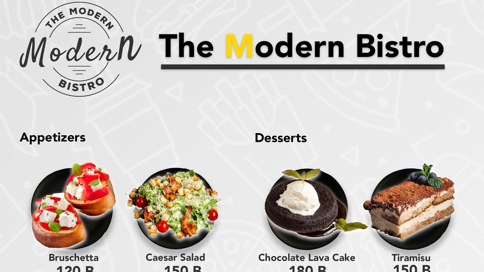 ออกแบบแบนเนอร์ในเว็บไซต์ ร้านอาหาร The Modern Bistro: เมนูอาหารเรียกน้ำย่อยและของหวาน