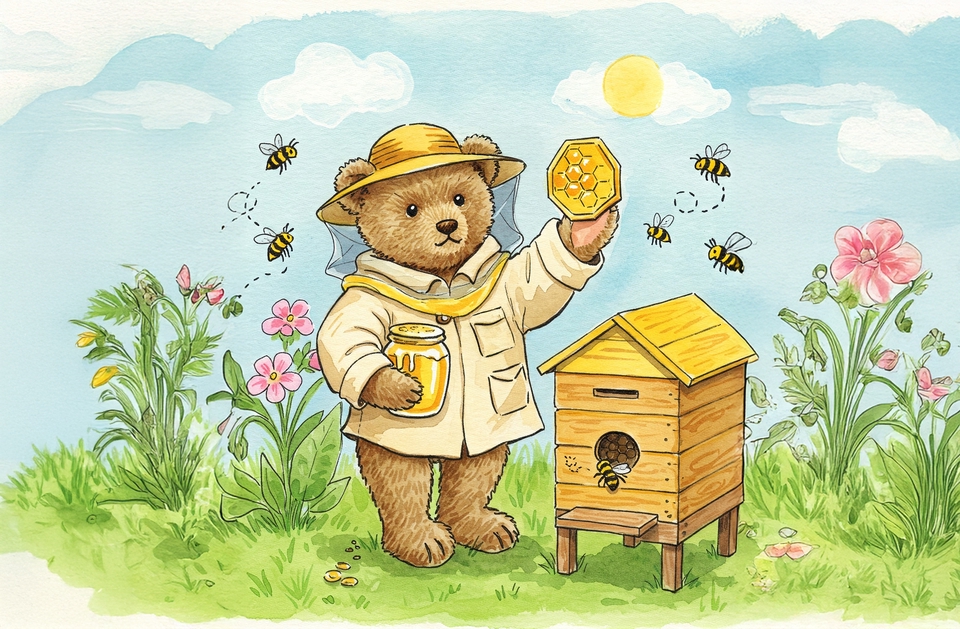 Ilustrasi beruang lucu memegang toples madu di depan sarang lebah