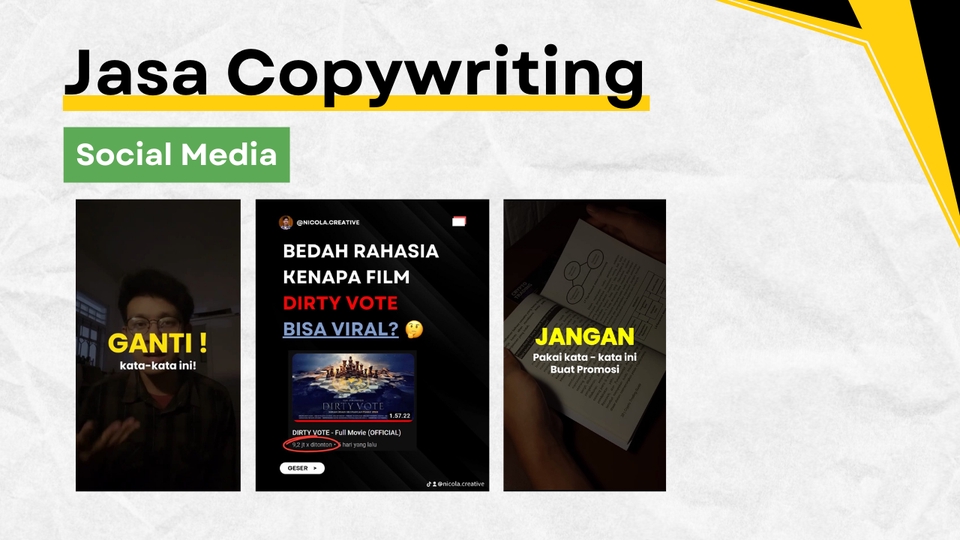 Jasa copywriting freelance untuk website, landing page, media sosial, konten artikel SEO, copywriting produk, dan penulisan naskah.