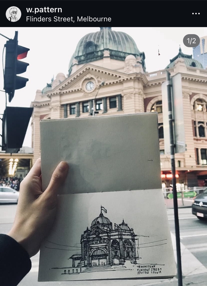 วาดภาพประกอบสถานีรถไฟฟลินเดอร์สสตรีท เมลเบิร์น ออสเตรเลีย
