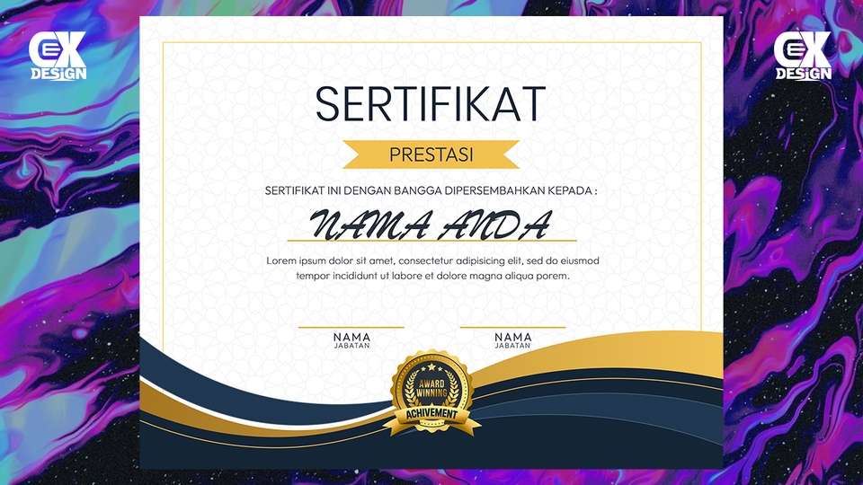 Desain sertifikat prestasi dengan nama Anda, cocok untuk penghargaan atau sertifikat kelulusan.