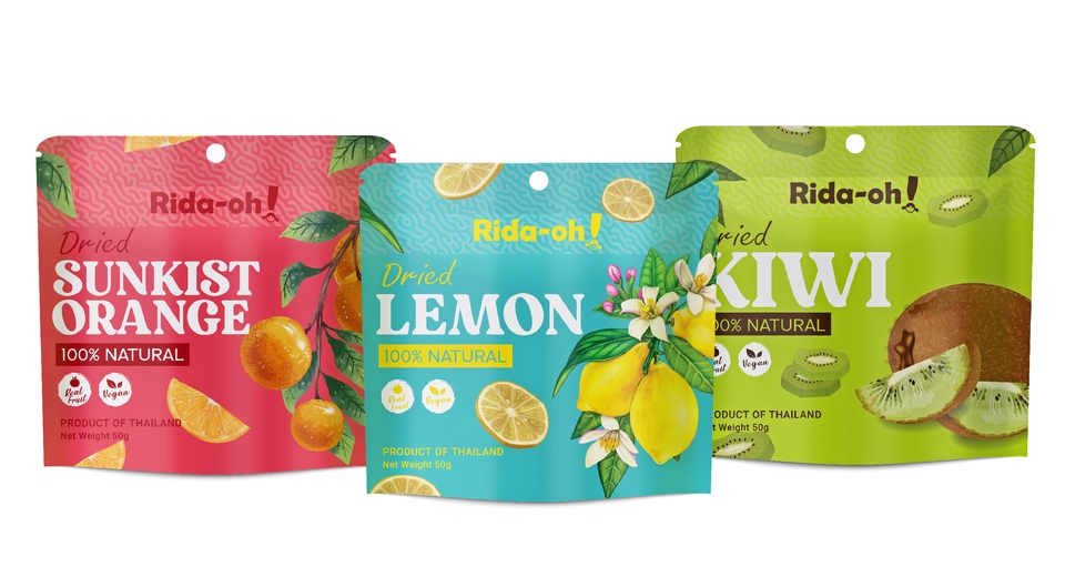 ออกแบบแพคเกจจิ้ง ผลไม้แห้ง ส้ม มะนาว กีวี บรรจุภัณฑ์อาหาร 100% ธรรมชาติ