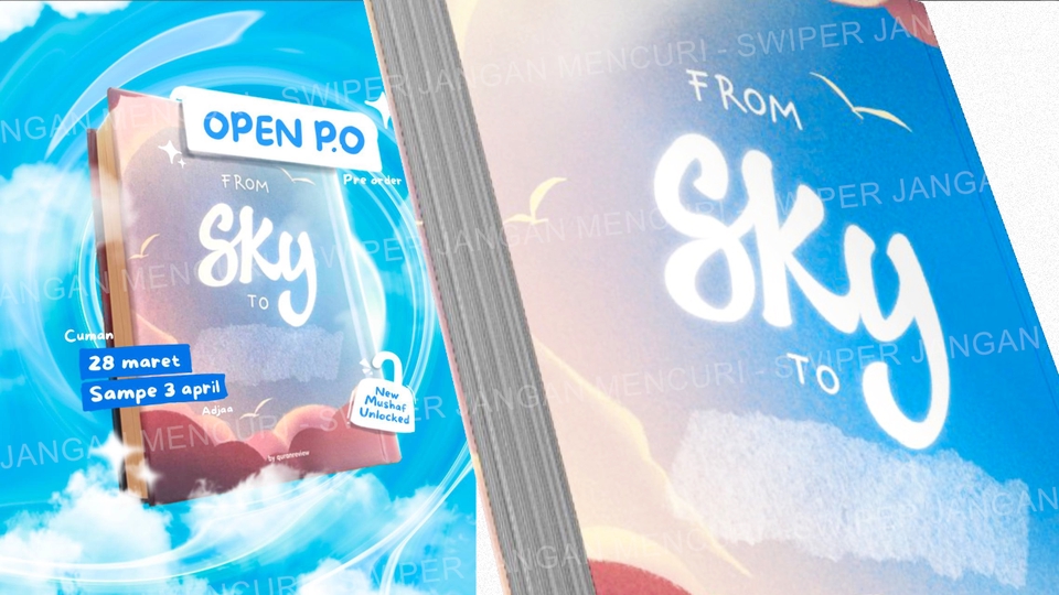 Jasa ilustrasi digital "From Sky To" dengan gambar kartun berwarna biru dan merah muda.