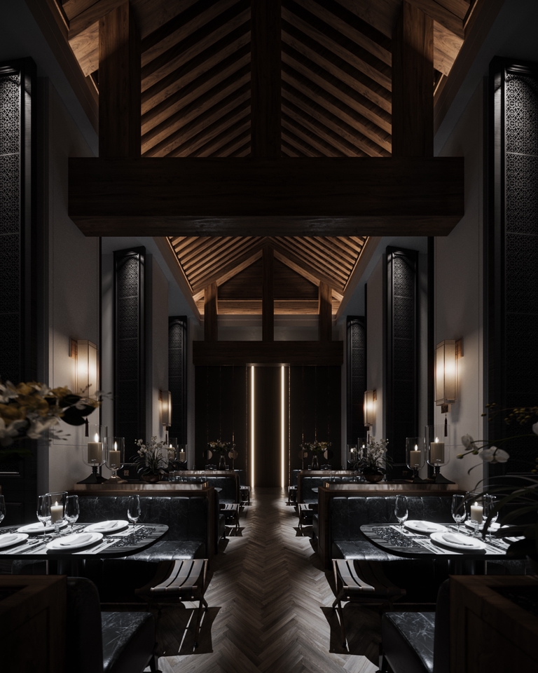 ออกแบบร้านอาหาร 3 มิติ perspective หรูหรา สไตล์จีน โมเดลบ้าน 3d รับเรนเดอร์ภาพสวย