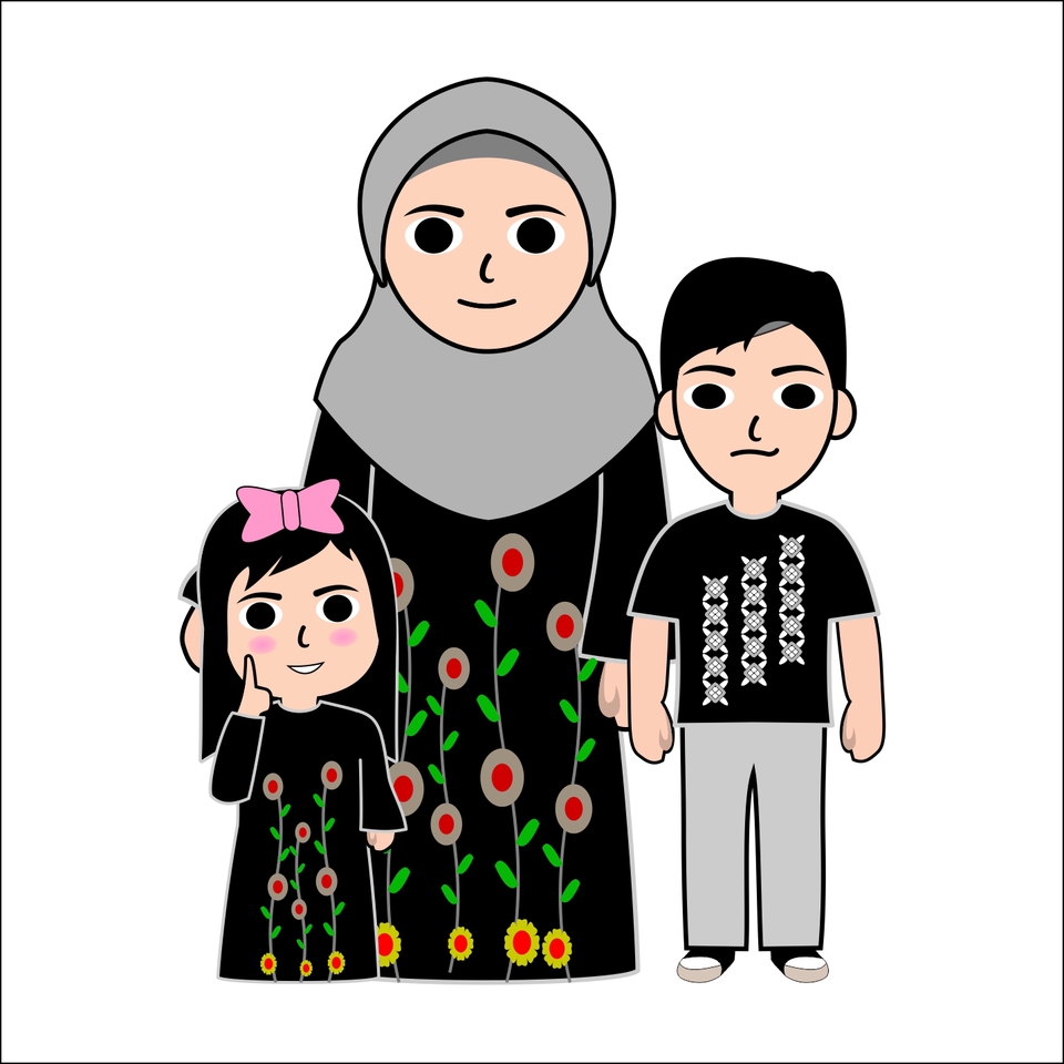 Ilustrasi keluarga muslim dengan ibu memakai hijab, ayah dan anak perempuan.