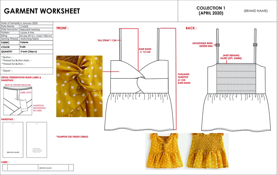 Desain kaos wanita bermotif polkadot dengan detail pita dan aksen ruffle