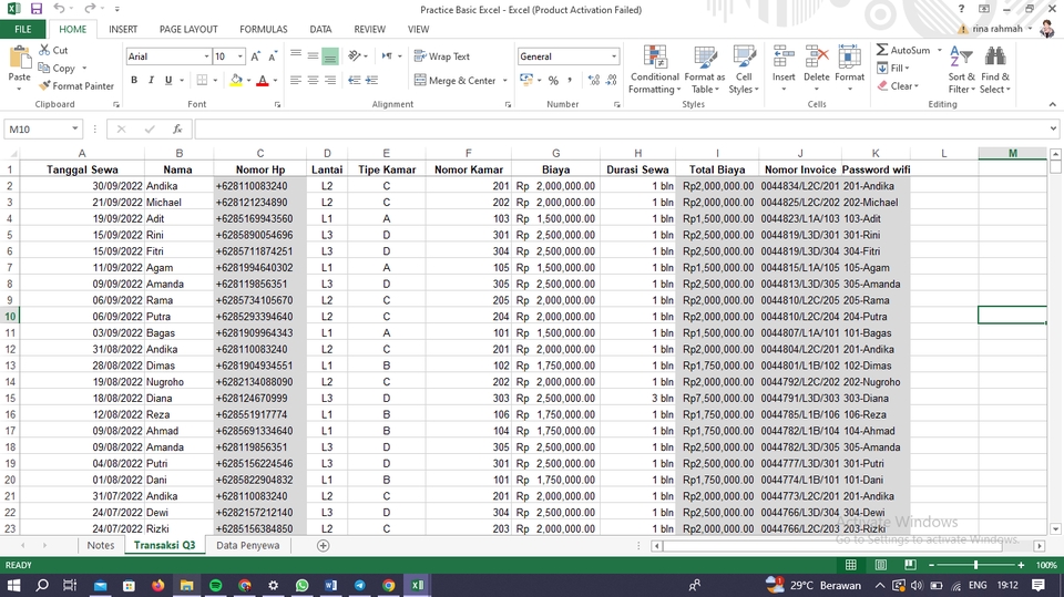 Jasa input data excel untuk input data transaksi dengan nomor telepon, tanggal transaksi, nama, jenis kamar, dan total biaya.