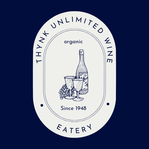 Logo desain untuk usaha kuliner dengan konsep sederhana dan modern,  terdapat gambar gelas anggur dan botol wine, cocok untuk cafe, resto, atau restoran.