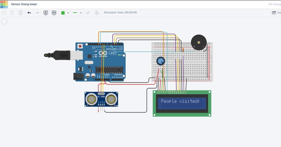 Jasa pembuatan robot line follower dengan Arduino dan sensor, dengan Arduino Uno, sensor ultrasonik, breadboard, LCD, dan komponen elektronik lainnya.