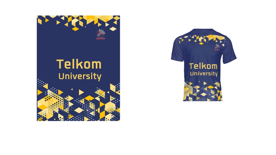 Desain kaos Telkom University dengan motif geometris berwarna kuning dan biru tua.  Jasa desain kaos custom untuk universitas, organisasi, dan komunitas.