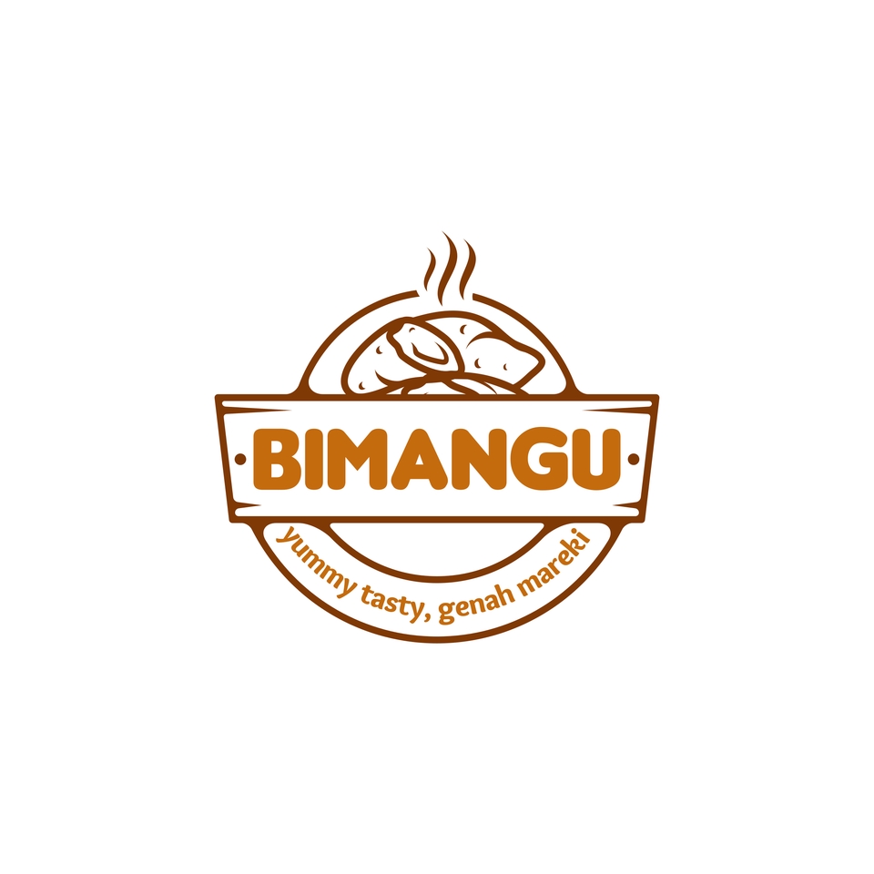 Logo desain makanan dengan nama Bimangu, desain yang menarik dengan slogan Yummy Tasty, Genah Mareki, cocok untuk logo restoran, warung makan, atau cafe.