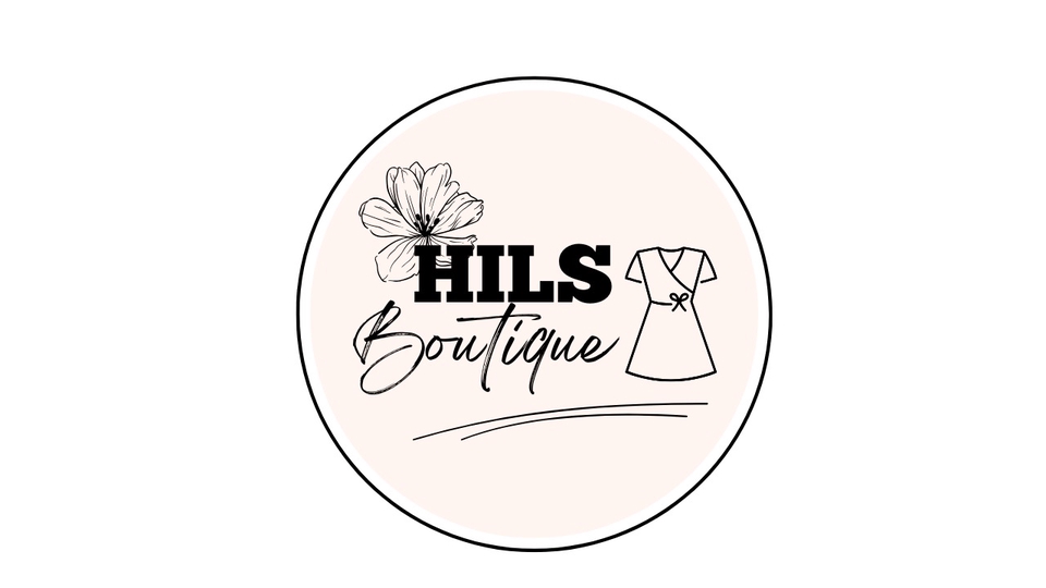 Jasa desain logo butik online, logo butik Hills Boutique dengan desain bunga dan baju.