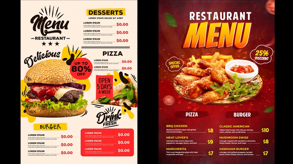 Desain menu makanan restoran dengan harga dan pilihan menu makanan yang menarik, desain spanduk, desain brosur makanan, desain menu makanan, jasa desain menu makanan, harga jasa desain menu makanan, desain digital printing, desain menu cafe.